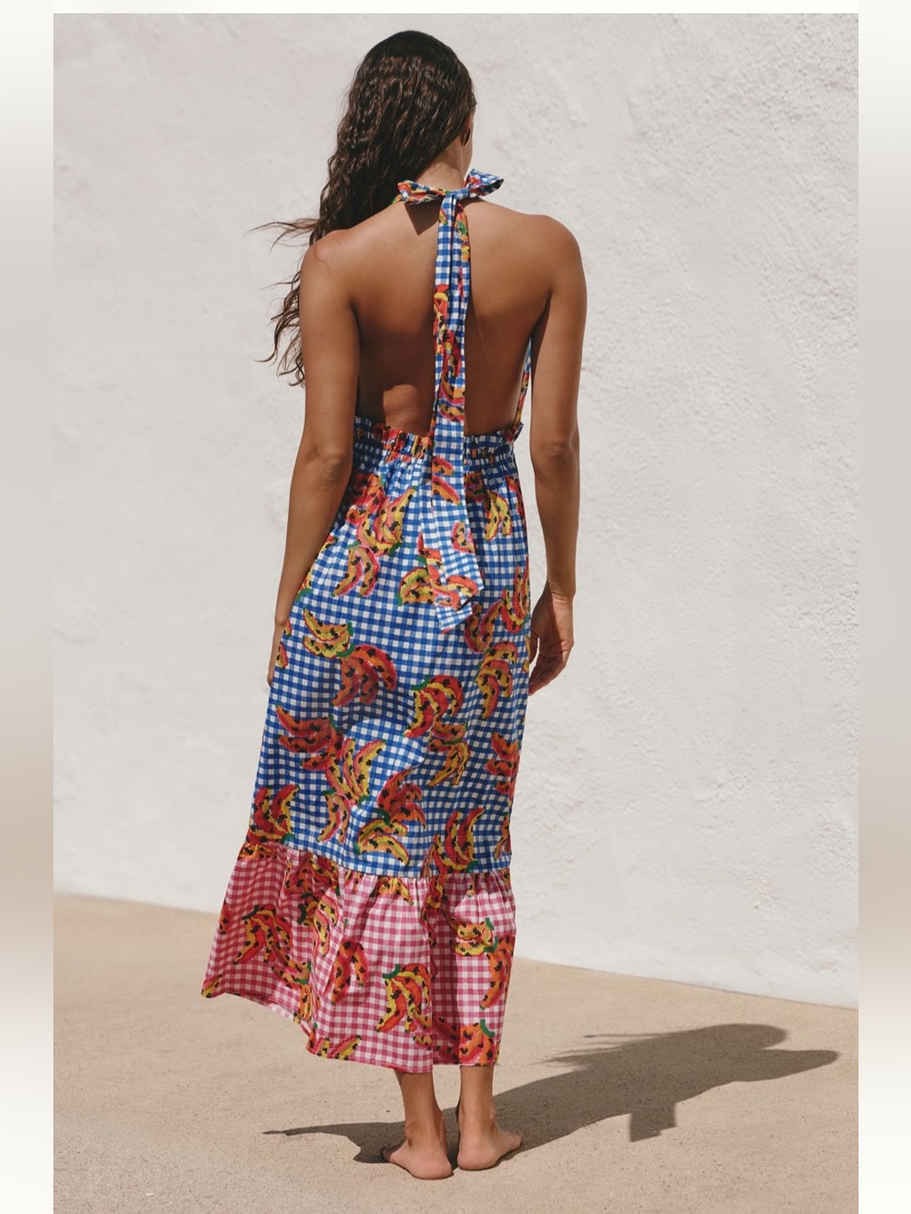 Farm Rio Gingham Halter Maxi Dress with Tropical Print - Picture 3 of 3